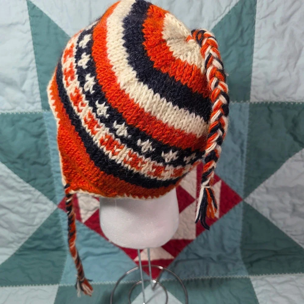 Earth‎ Ragz Knit Wool Chullo Earflap Hat Orange Navy White Fair Isle Nepal